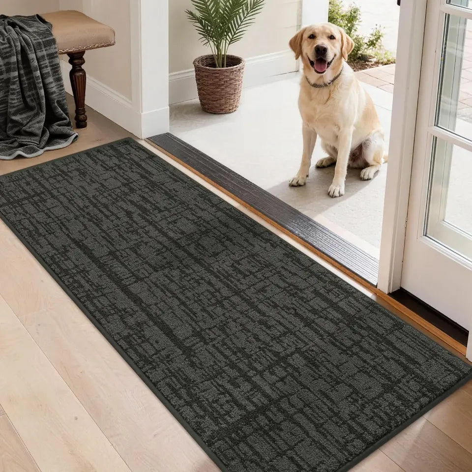 Dog standing on a doormat at the entrance of a home with a patterned rug.