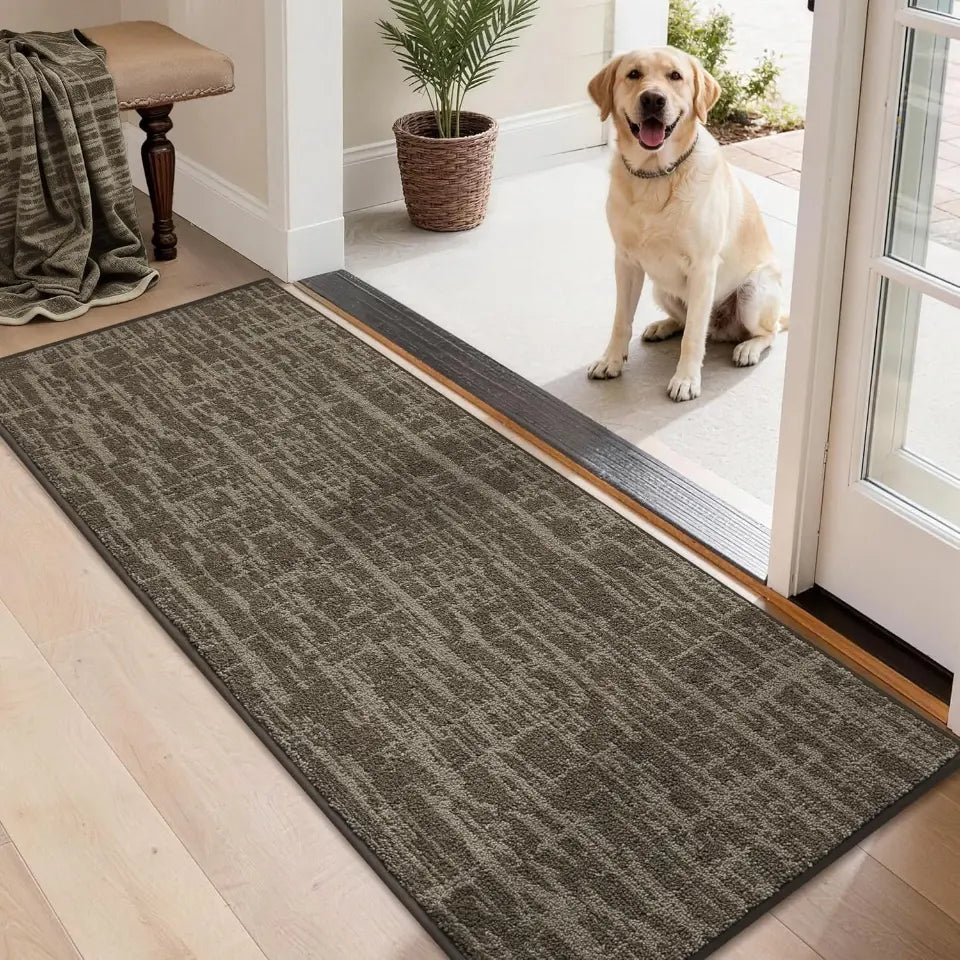 Dog standing on a doormat at the entrance of a home with a patterned rug indoors.