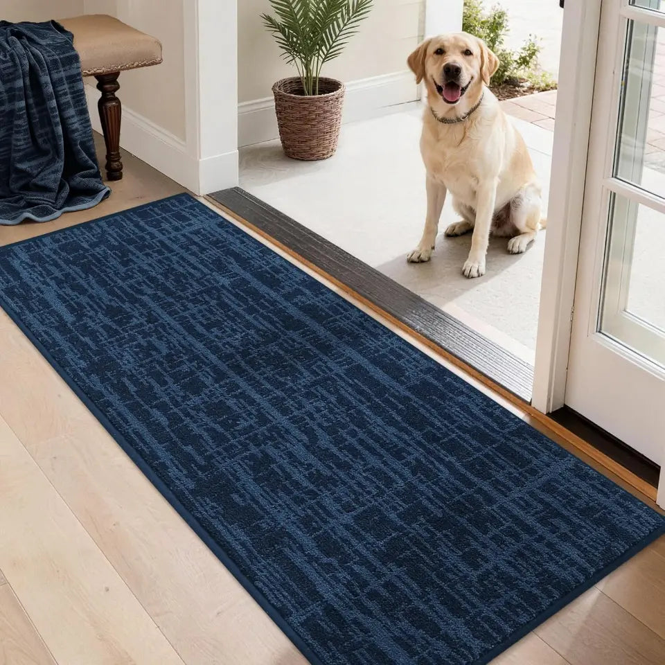 Dog standing on a blue doormat with a pattern, next to a wooden bench and potted plant.