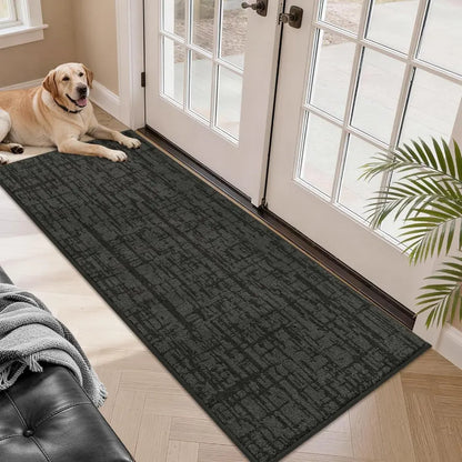 Dog lying on a dark grey doormat in front of a glass door with a couch and plant in the foreground.