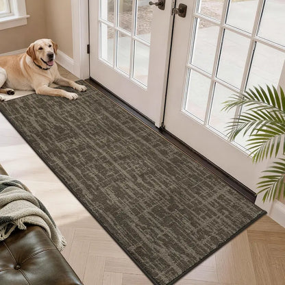 Dog lying on a doormat at the entrance of a home with a couch and plant in the foreground.