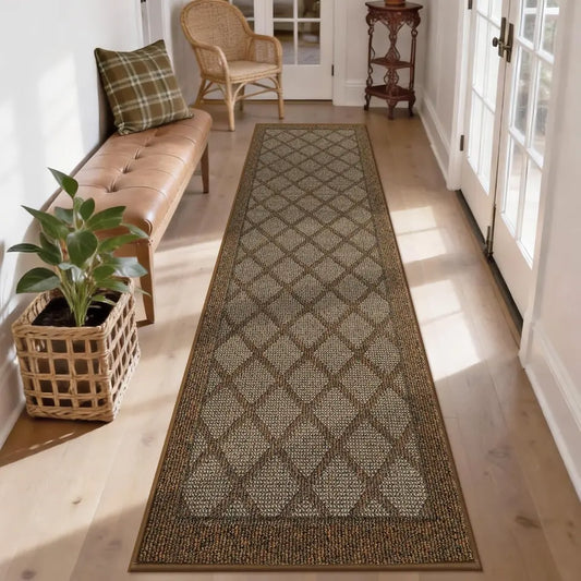 Long diamond-patterned rug on a wooden floor with a bench, plant, and door in the background.