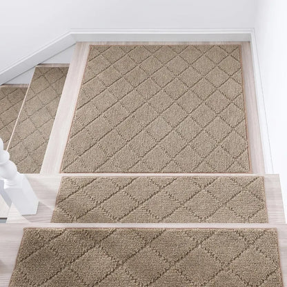 30x30 Beige Diamond Stair Landing Rug on Stair Corner