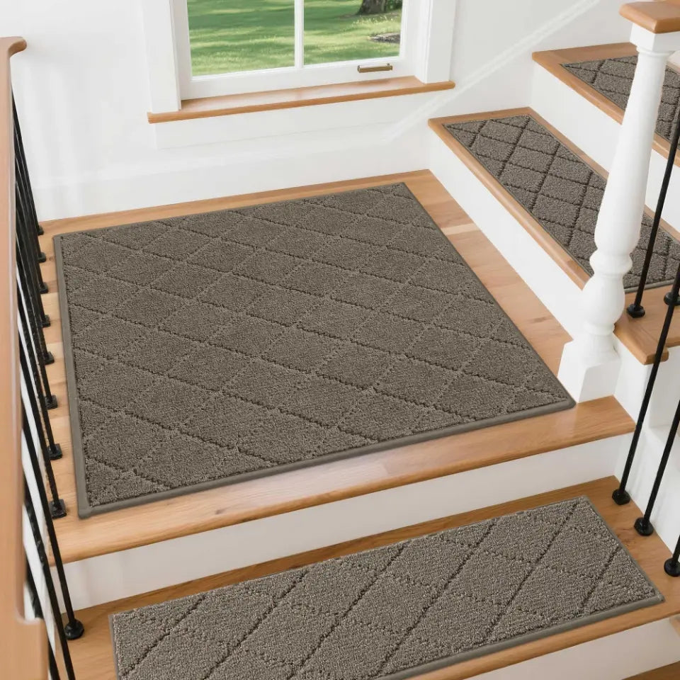 30x30 Light Brown Diamond Stair Treads Laying on Stairway