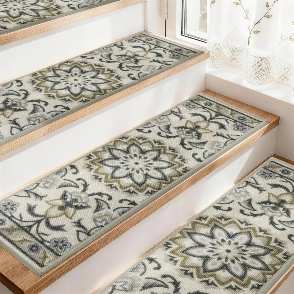 Floral patterned stair treads on a staircase with a window in the background