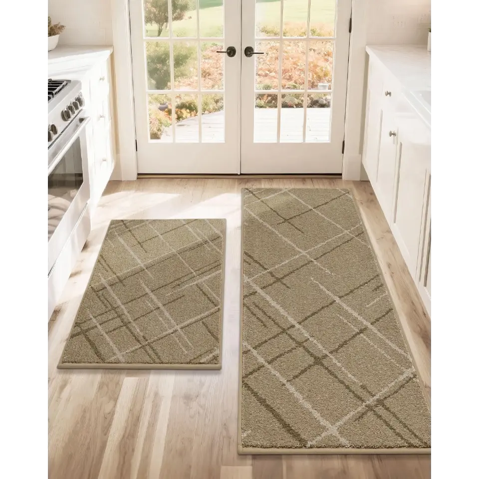 Beige 24x36 24x60 Abstract Buffalo Plaid Kitchen Rug