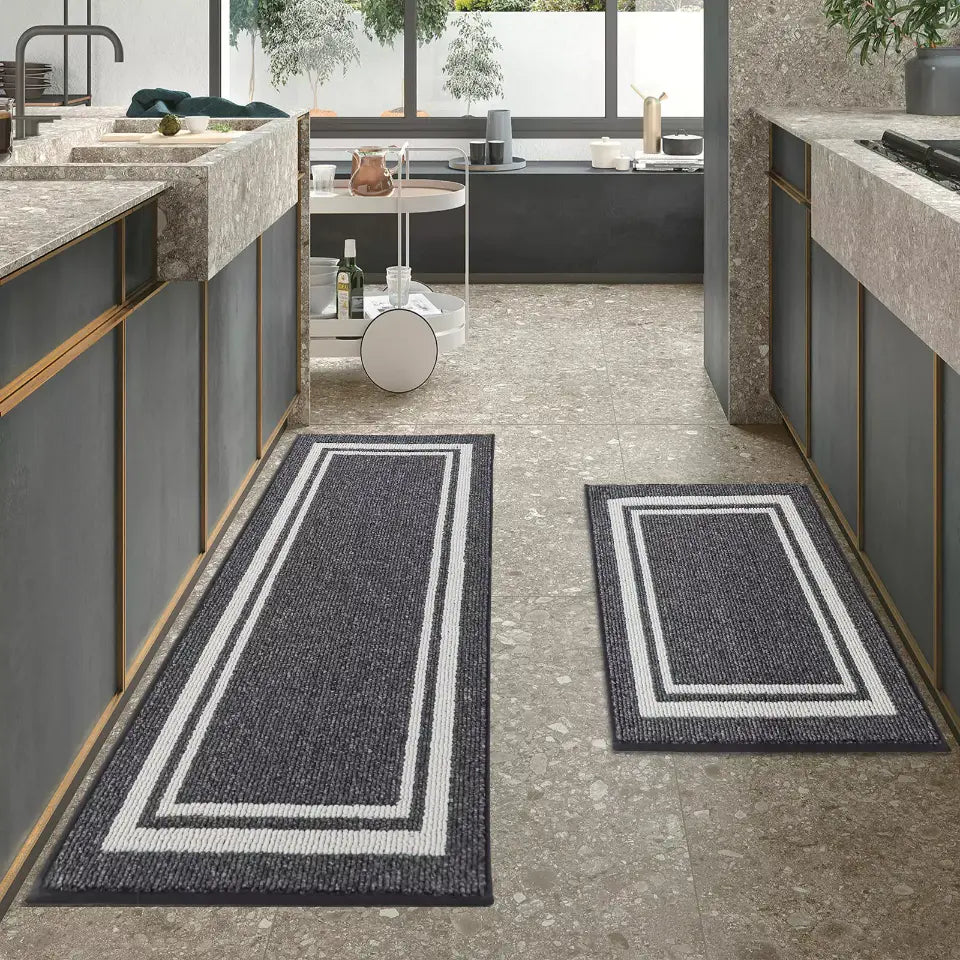 Black Carpet Laying on Kitchen Floor