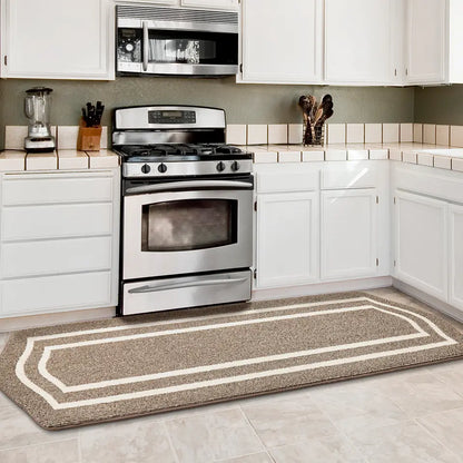 Brown Long Oval Washable Kitchen Rug in Front of Oven