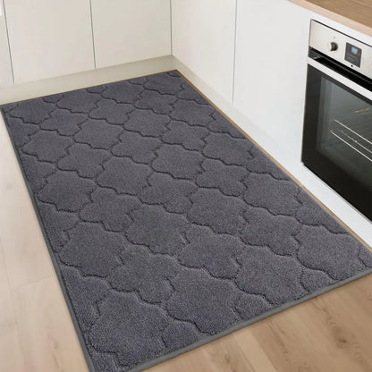 Dark Gray patterned rug on a wooden floor in a kitchen setting.