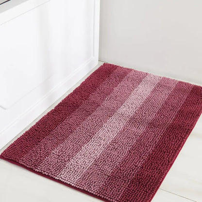 Fuchsia Gradient Stripe Rug in front of Shower Curtain