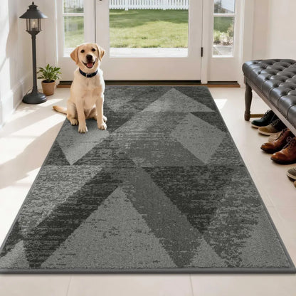 Dog sitting on a grey geometric patterned rug in a home setting with a bench and shoes in the background.