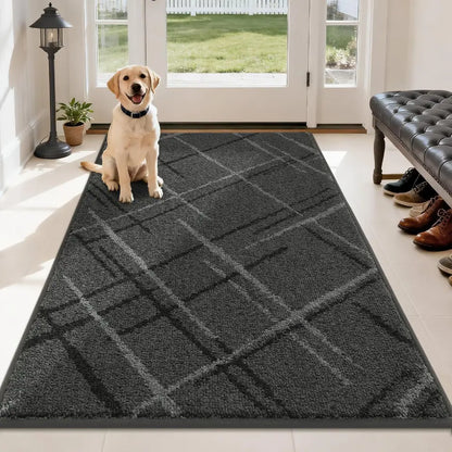 Dog sitting on a gray checkered rug in a room with a bench and shoes.
