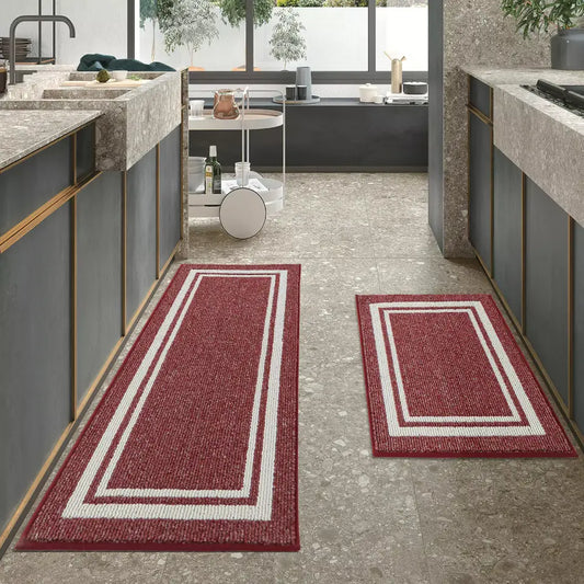 Red Carpet Laying on Kitchen Floor